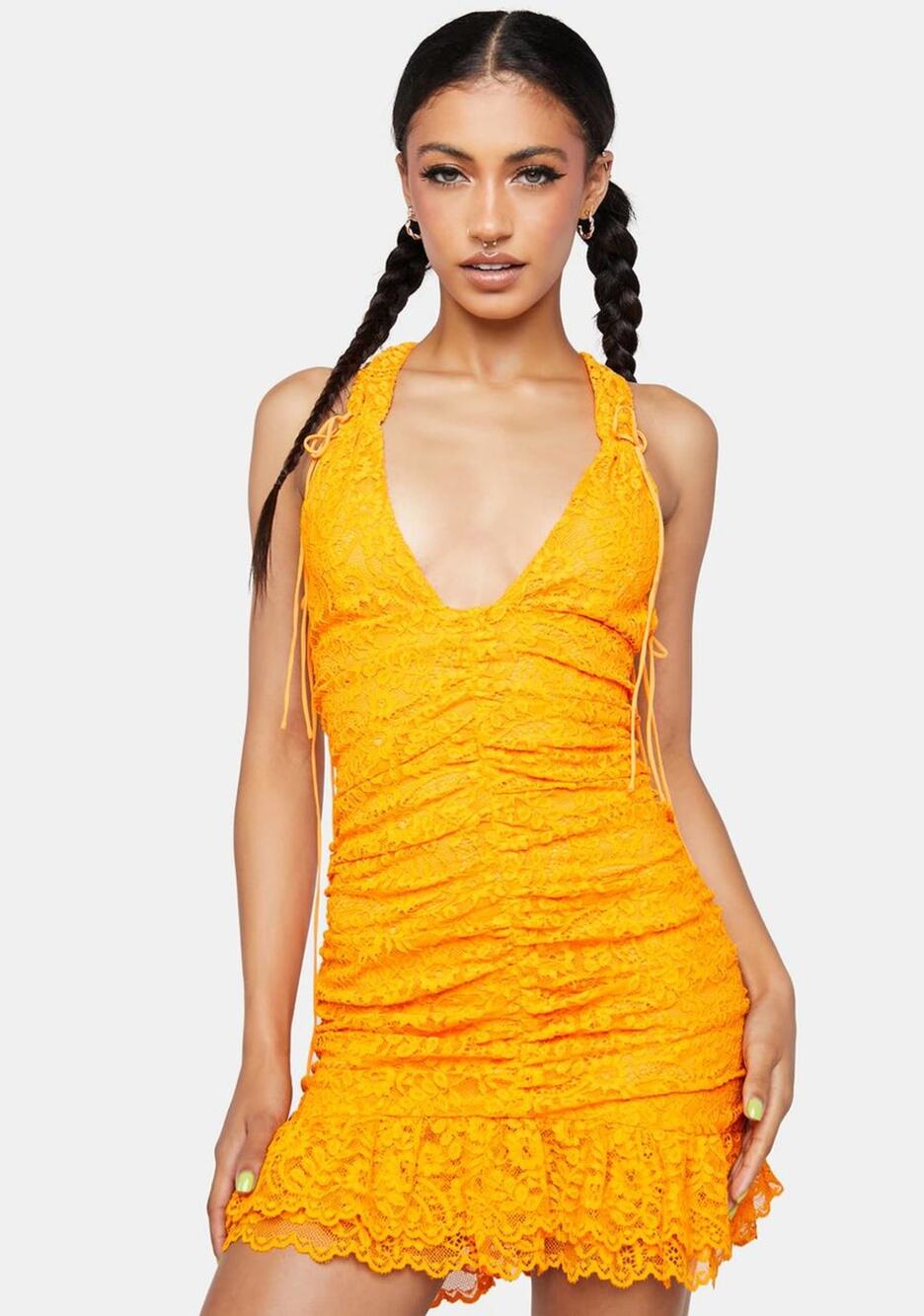 For Love & Lemons Jamie Ruched Lace Halter Mini Dress Orange Size S NWT